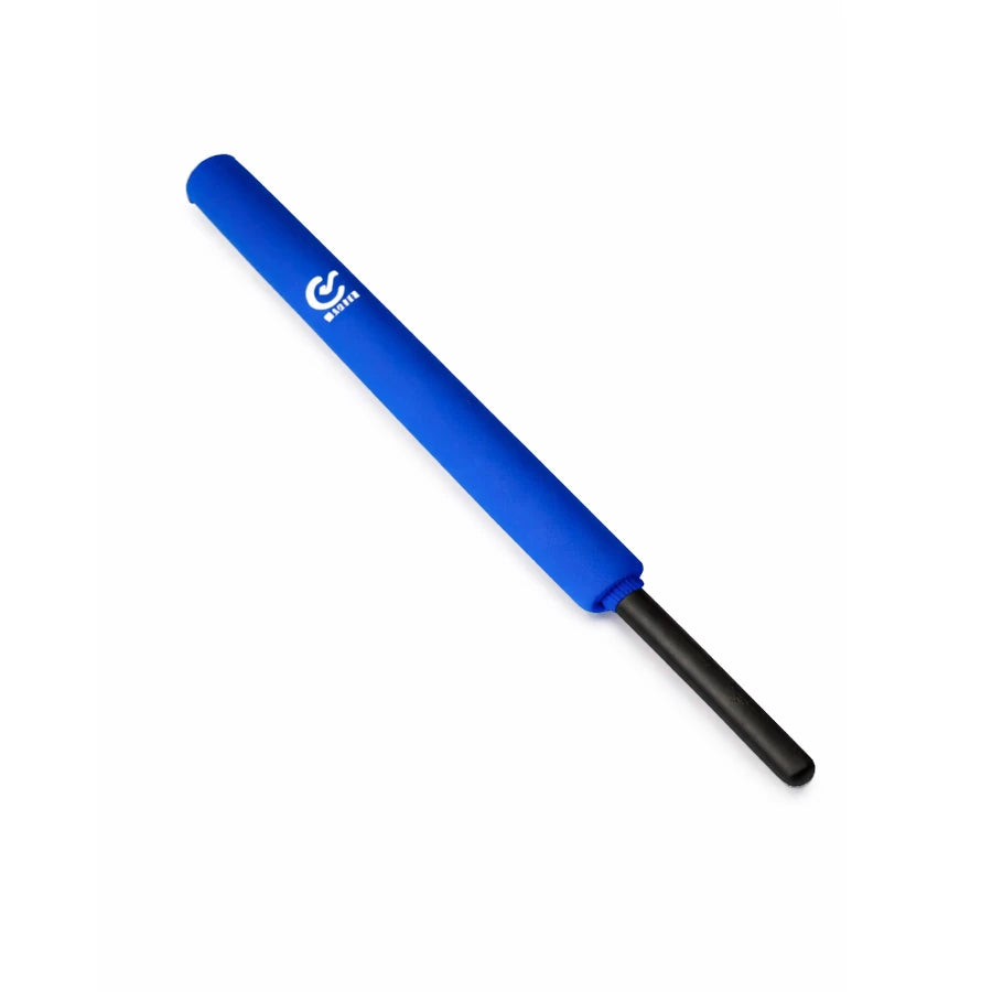 Blue foam sword with a black handle on a white background