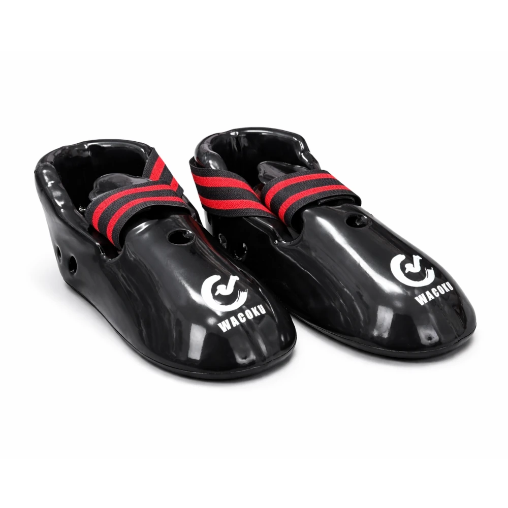 Black and red strap martial arts feet protectors with Wacoku logo on a white background
