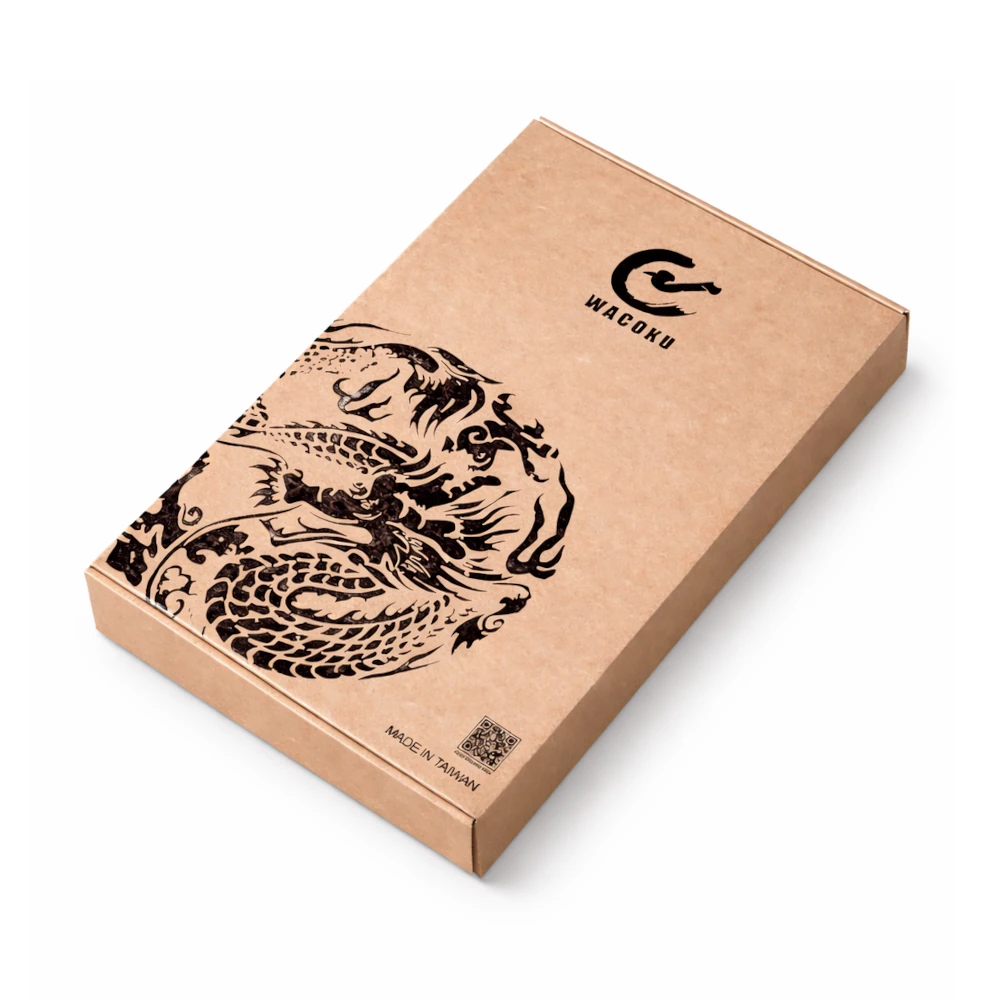 Kraft cardboard box with black dragon design and Wacoku logo on a white background