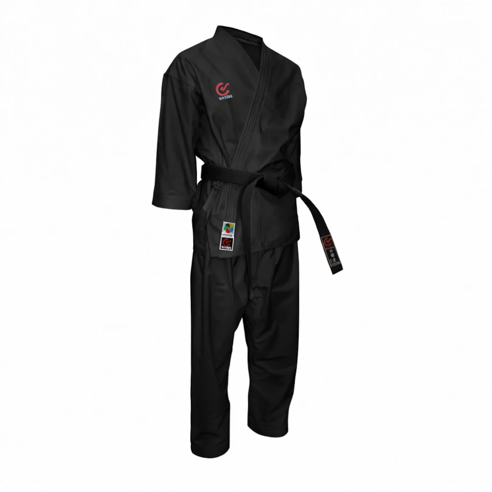 Black martial arts uniform with a white Wacoku logo on a white background