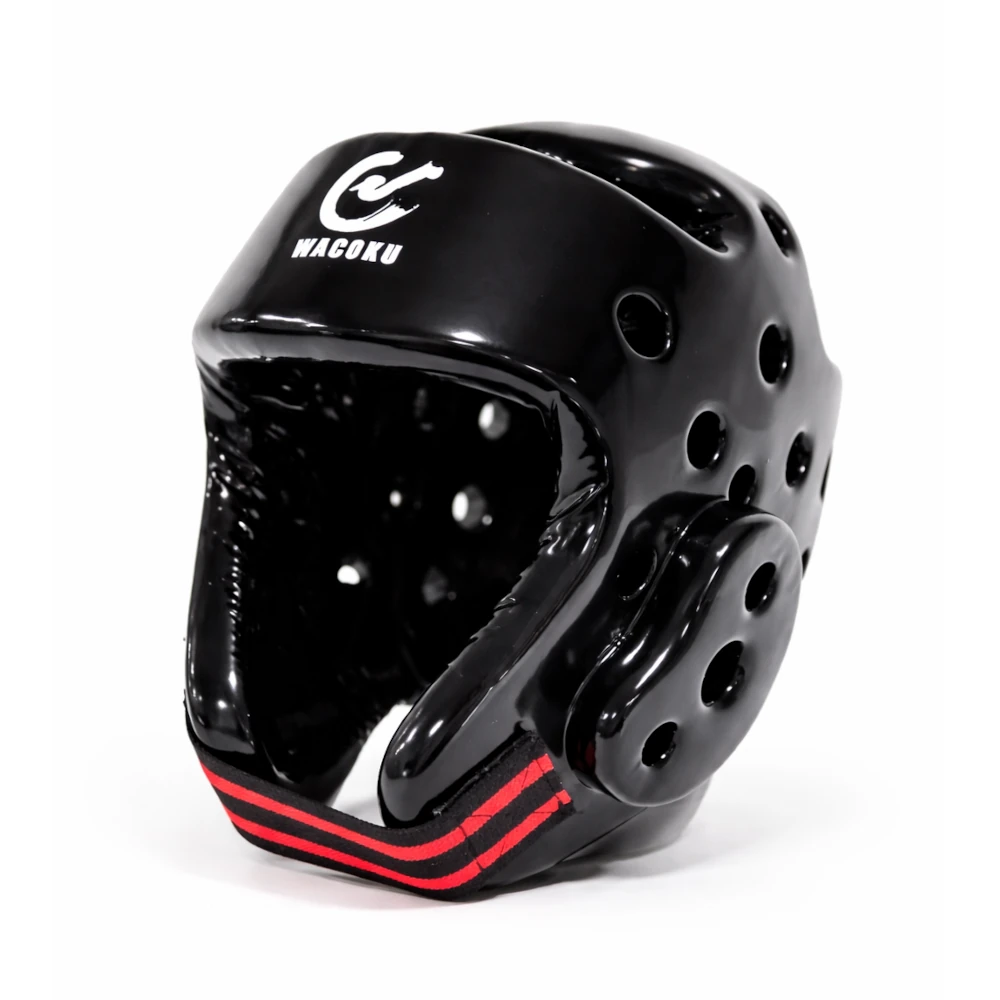 Black martial arts headgear with red stripe on a white background