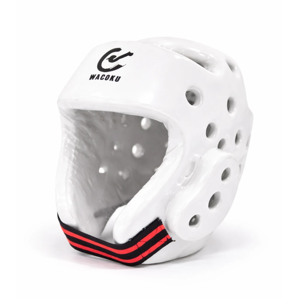 White martial arts headgear with black and red accents on a white background