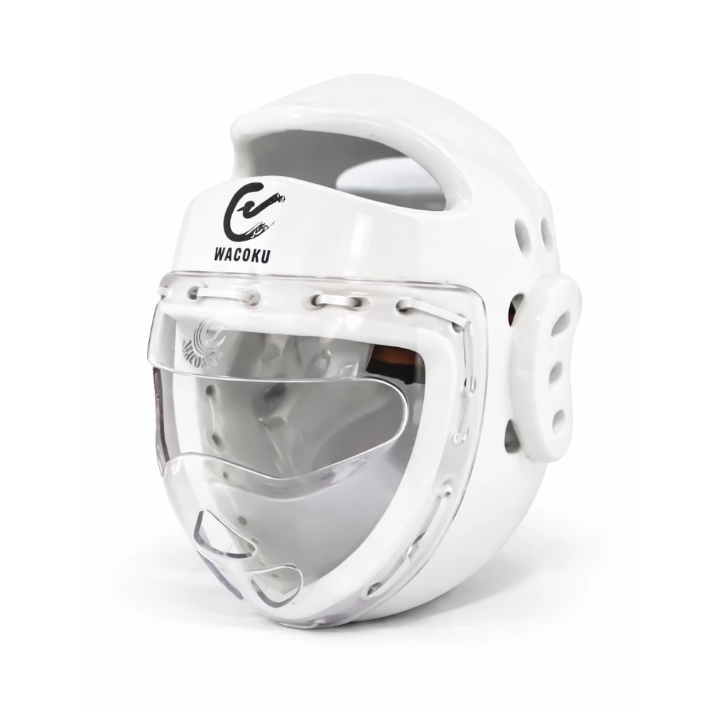 White martial arts helmet with clear face guard on a white background