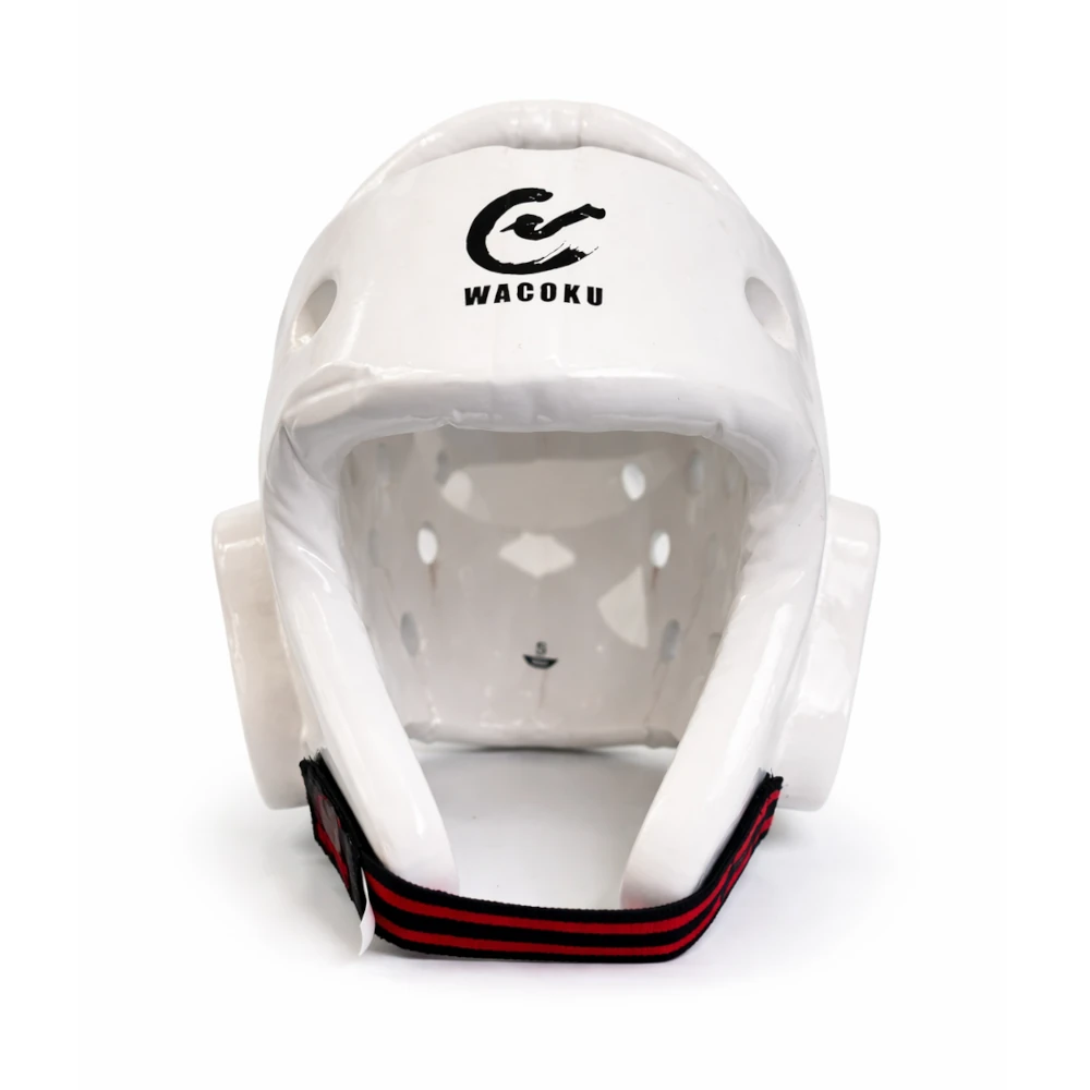 White protective headgear with red and black strap on a white background, featuring Wacoku branding.