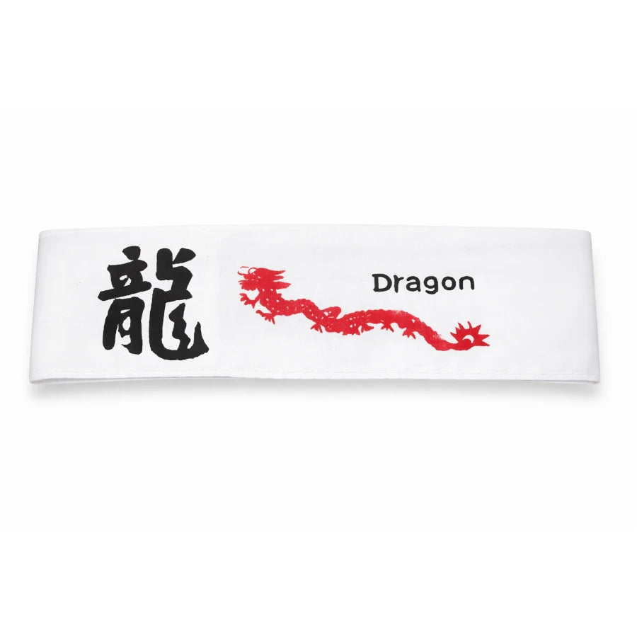 White headband with black Chinese characters, red dragon illustration, and 'Dragon' text on a white background