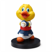 Colorful duck figurine on a black base against a white background
