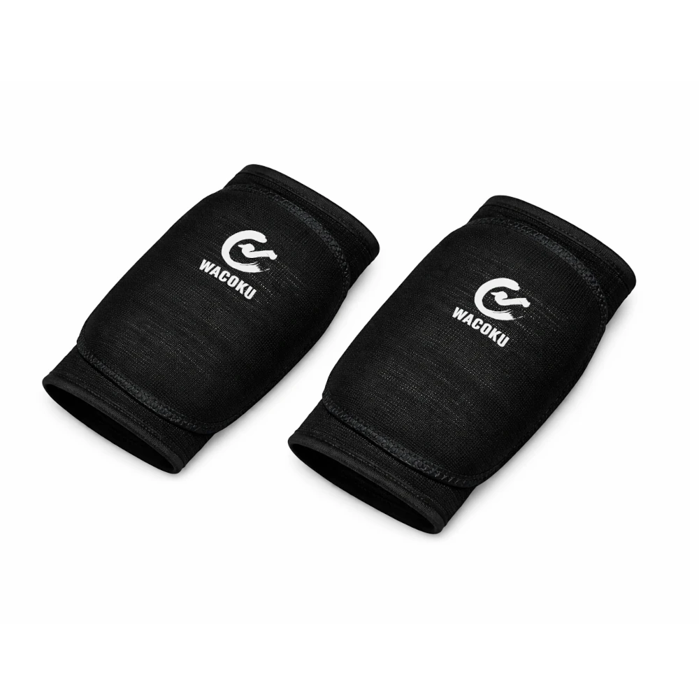 Pair of black elbow pads with Wacoku logo on a white background