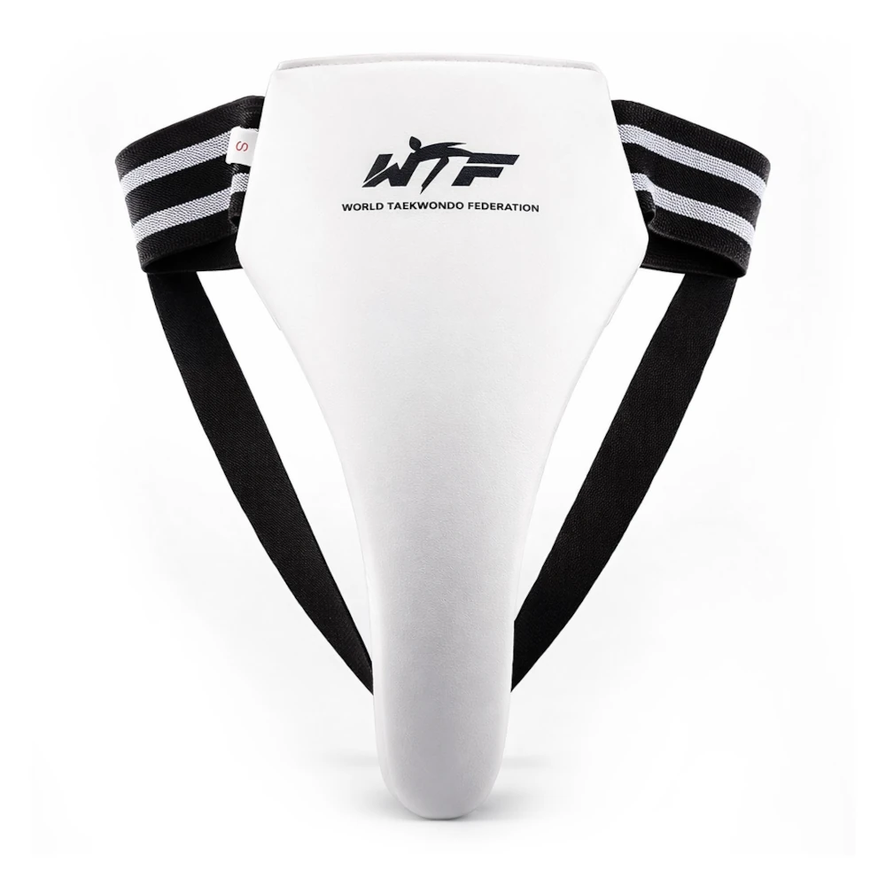 White female groin guard with black straps and WTF logo on a white background