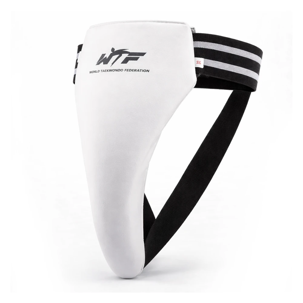 White female groin guard with black straps and WTF logo on a white background