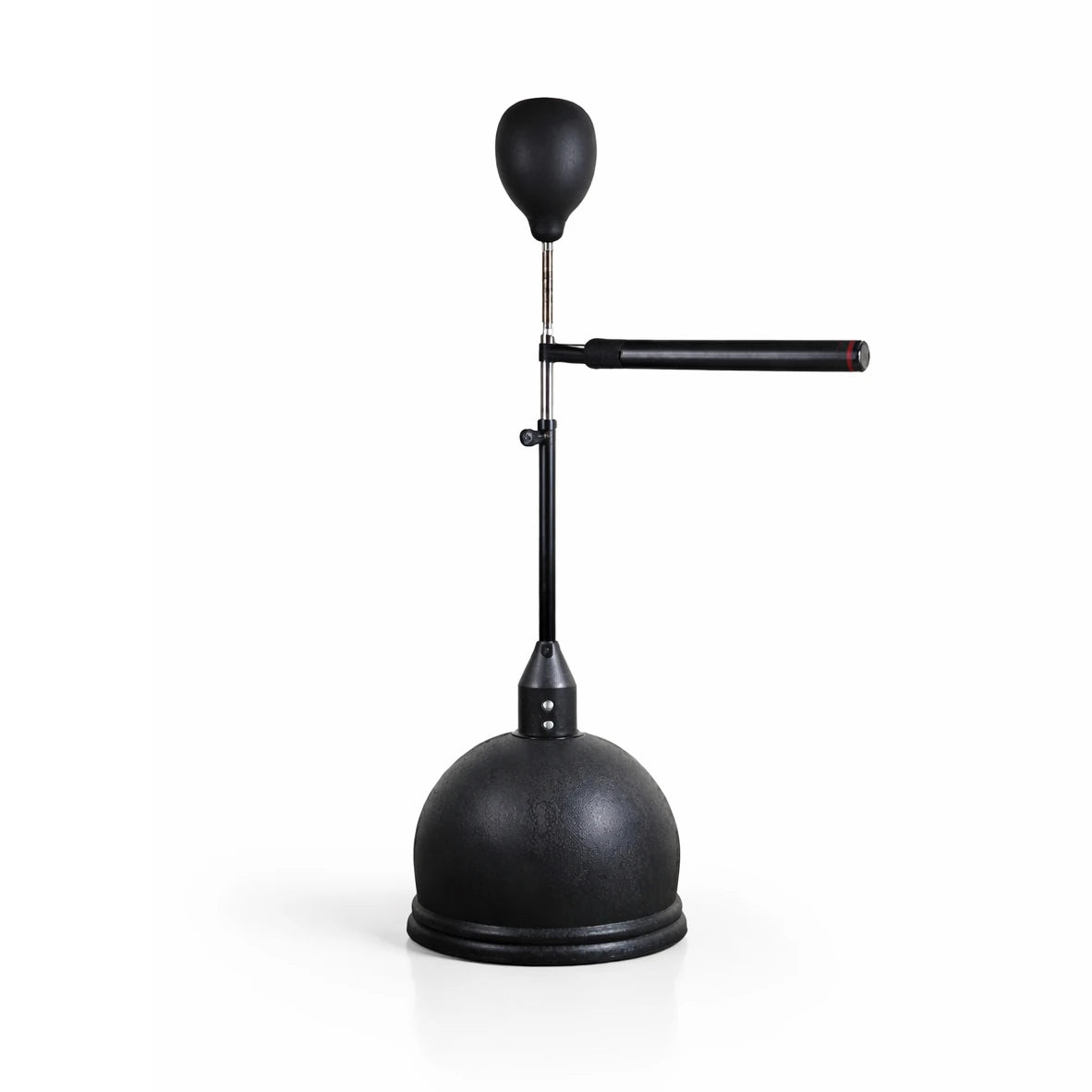 Black adjustable boxing bag stand with a spherical base on a white background
