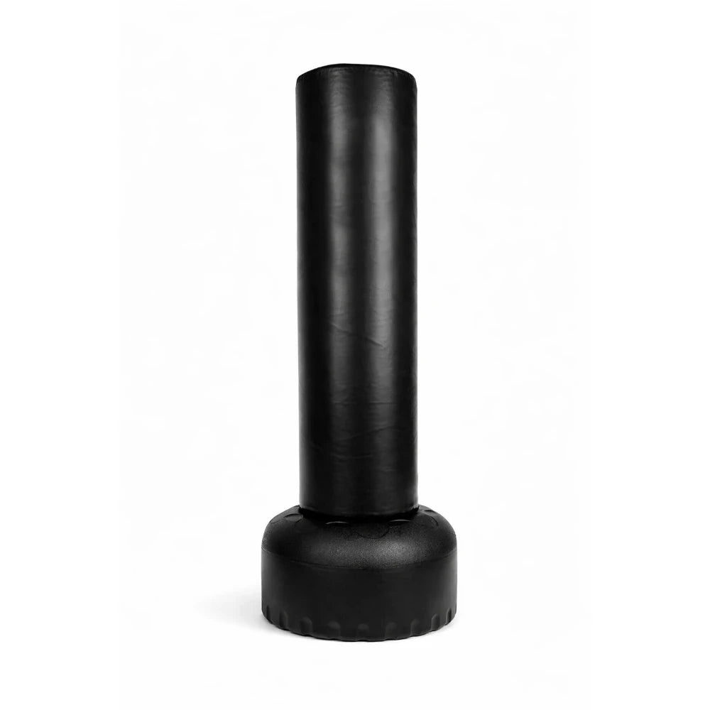 Black cylindrical freestanding boxing bag on a white background