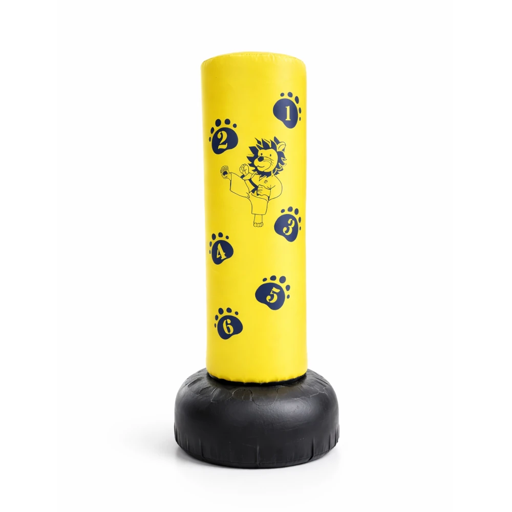 Yellow punching bag with black paw prints and a lion design on a white background