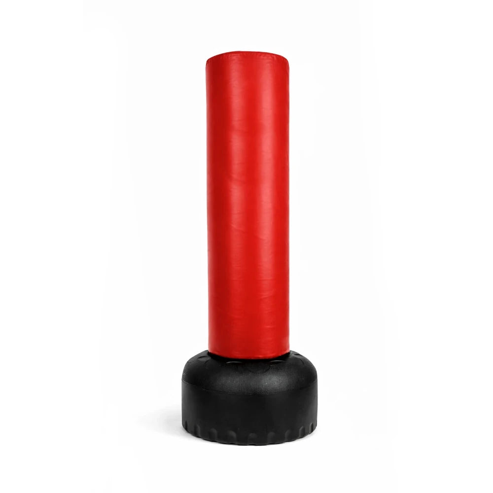 Red freestanding punching bag on a white background
