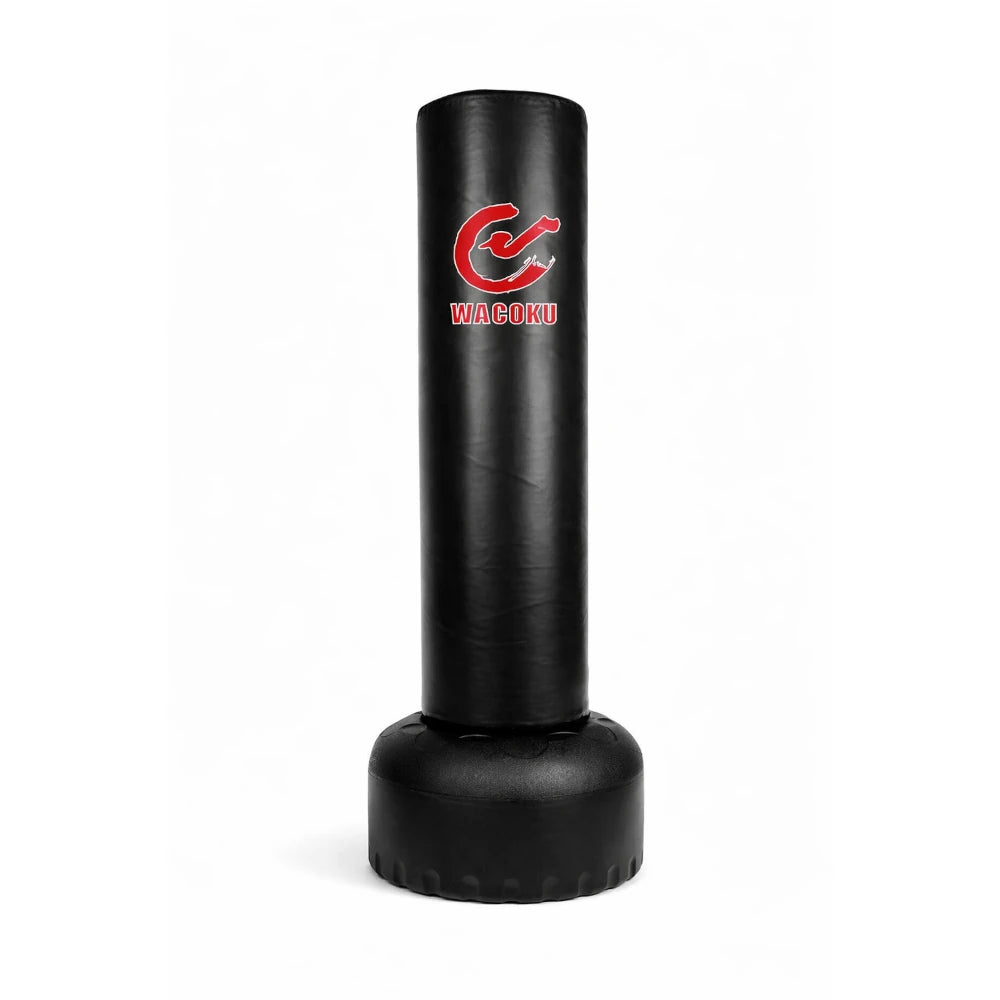 Black freestanding punching bag with a Wacoku logo on a white background