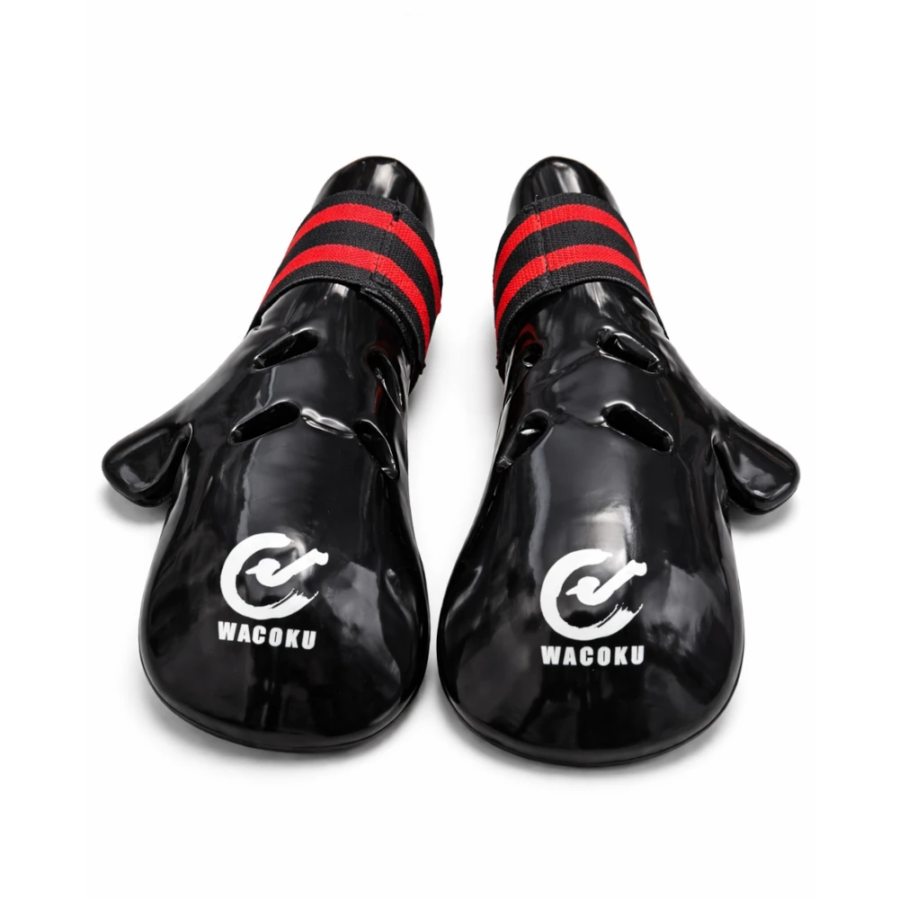 Black and red martial arts hand protectors with Wacoku logo on a white background