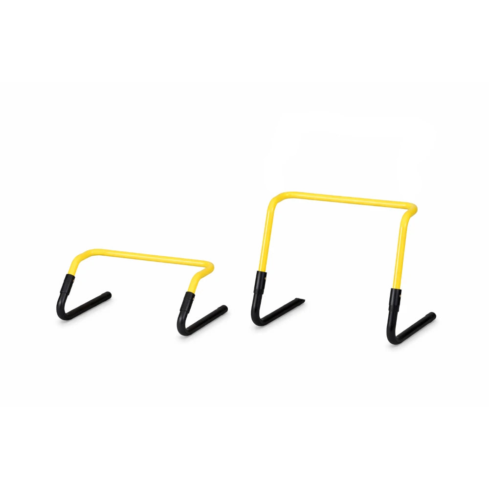 Two yellow and black Wacoku training hurdles on a white background