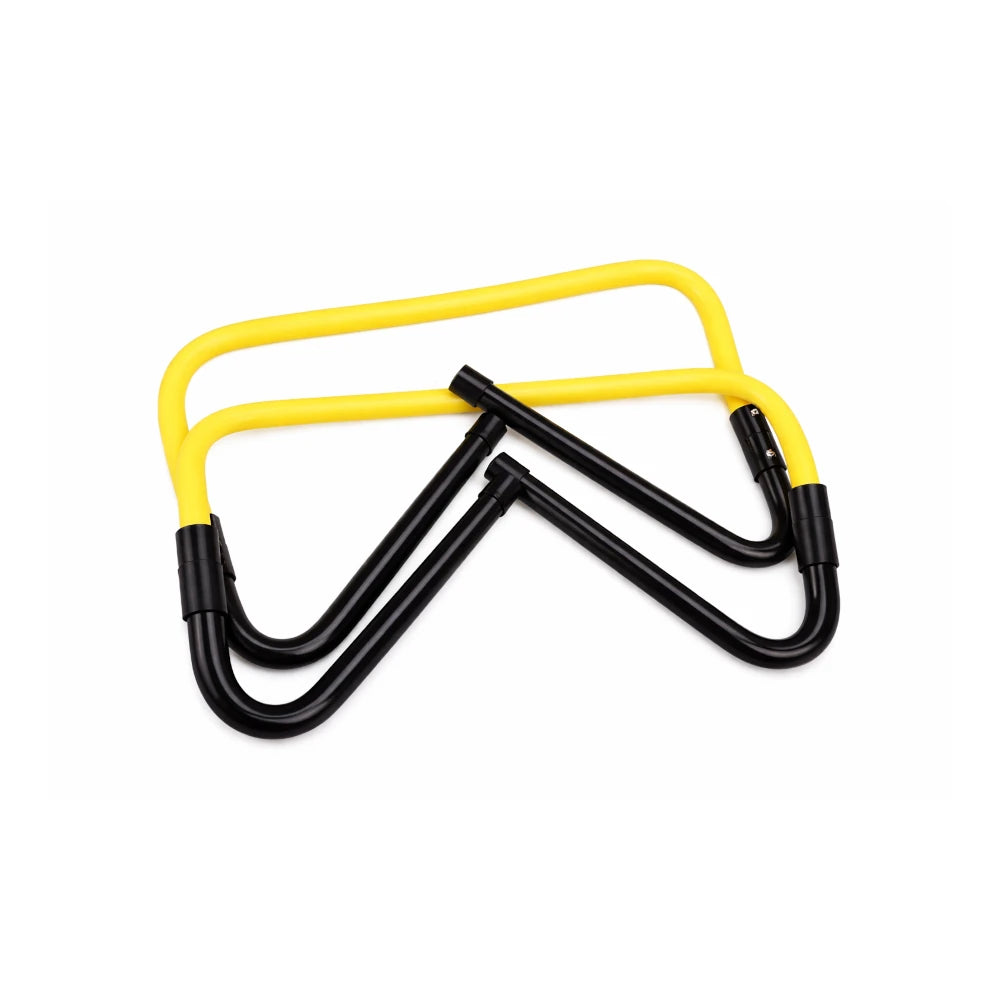 Two yellow and black Wacoku hurdles on a white background