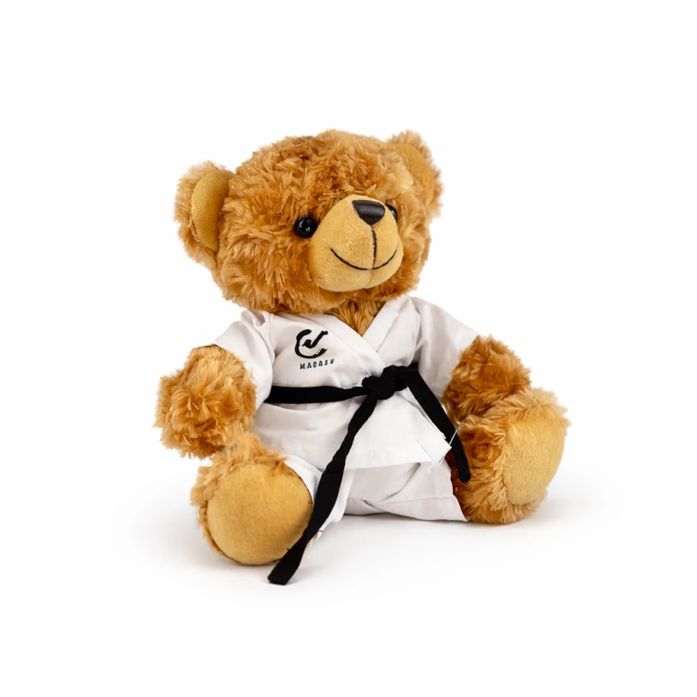 Teddy bear in a white martial arts uniform with a black belt on a white background