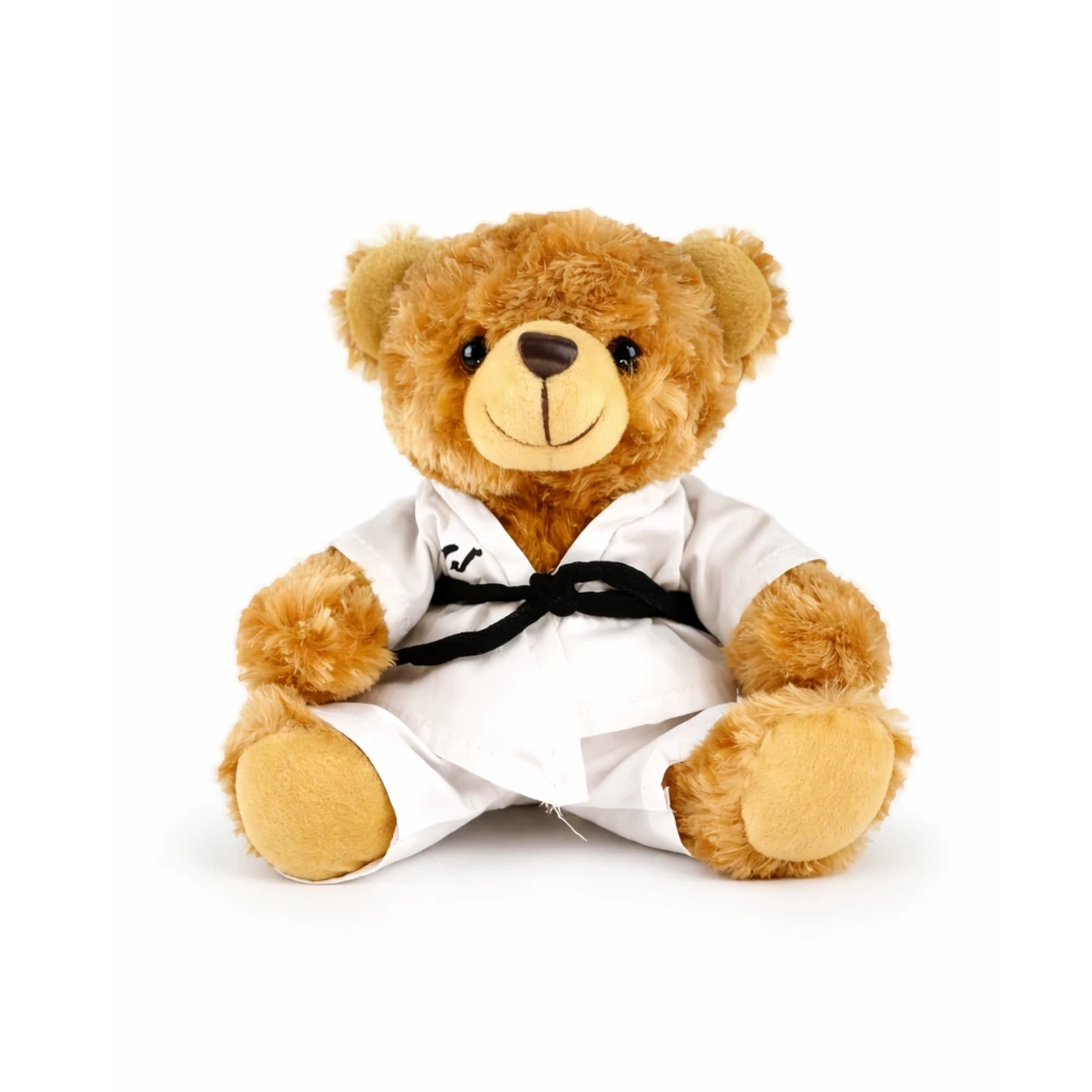 Plush teddy bear in a martial arts uniform with a black belt on a white background