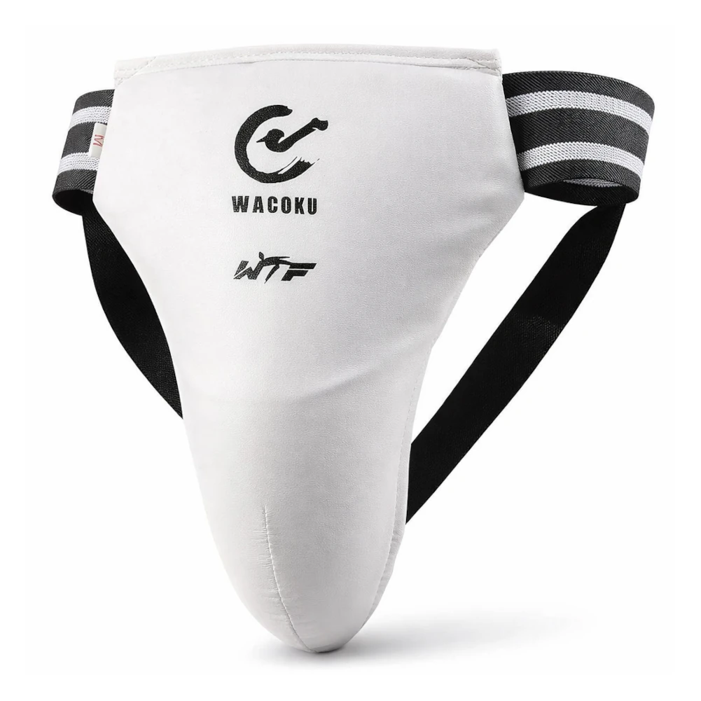 White male groin guard with black straps and Wacoku and WTF logos on a white background