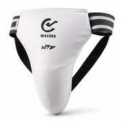 White male groin guard with black straps and Wacoku and WTF logos on a white background