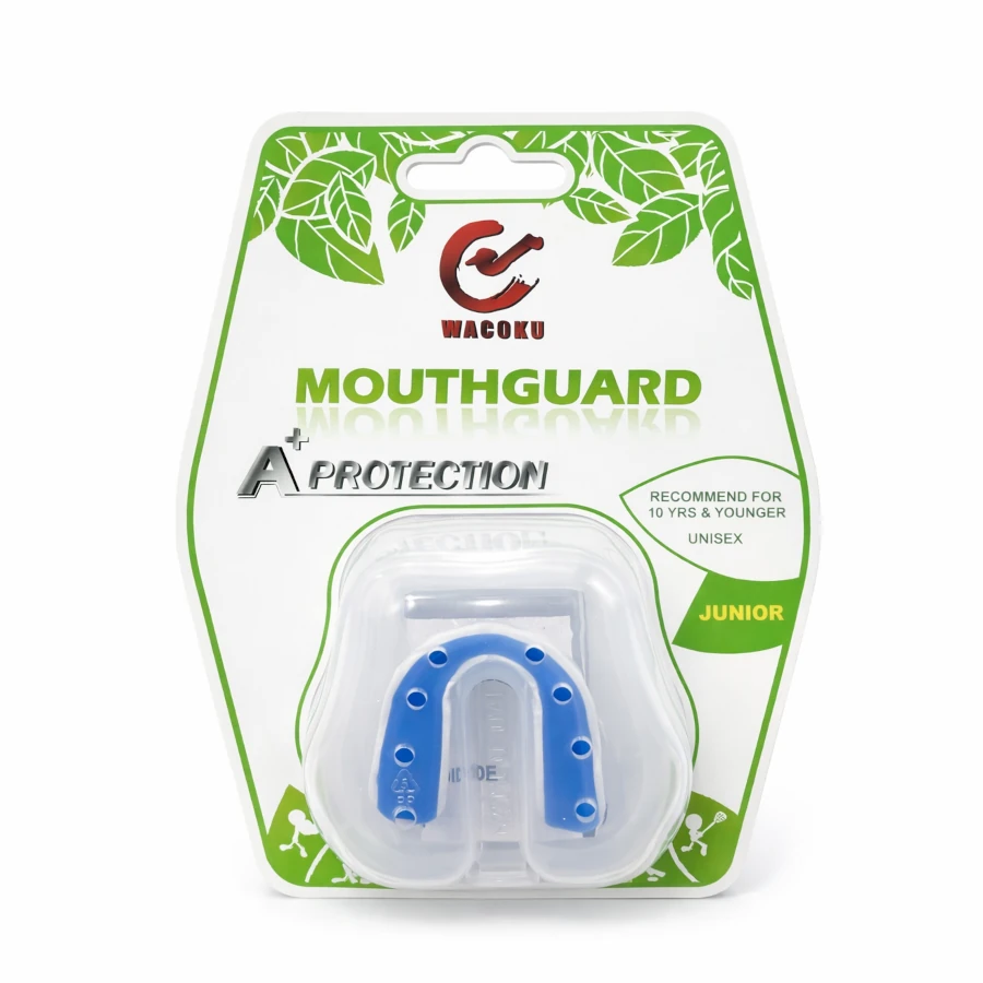 Wacoku mouthguard packaging with blue mouthguard inside on a white background