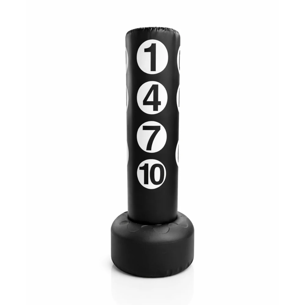 Black punching bag with numbers on a white background