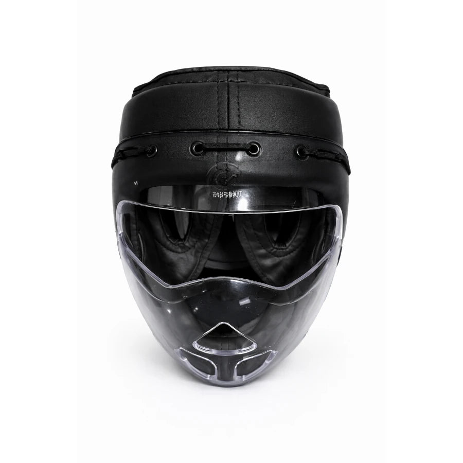Black martial arts helmet with clear visor on a white background