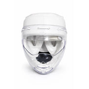 White face shield with a clear grill on a white background