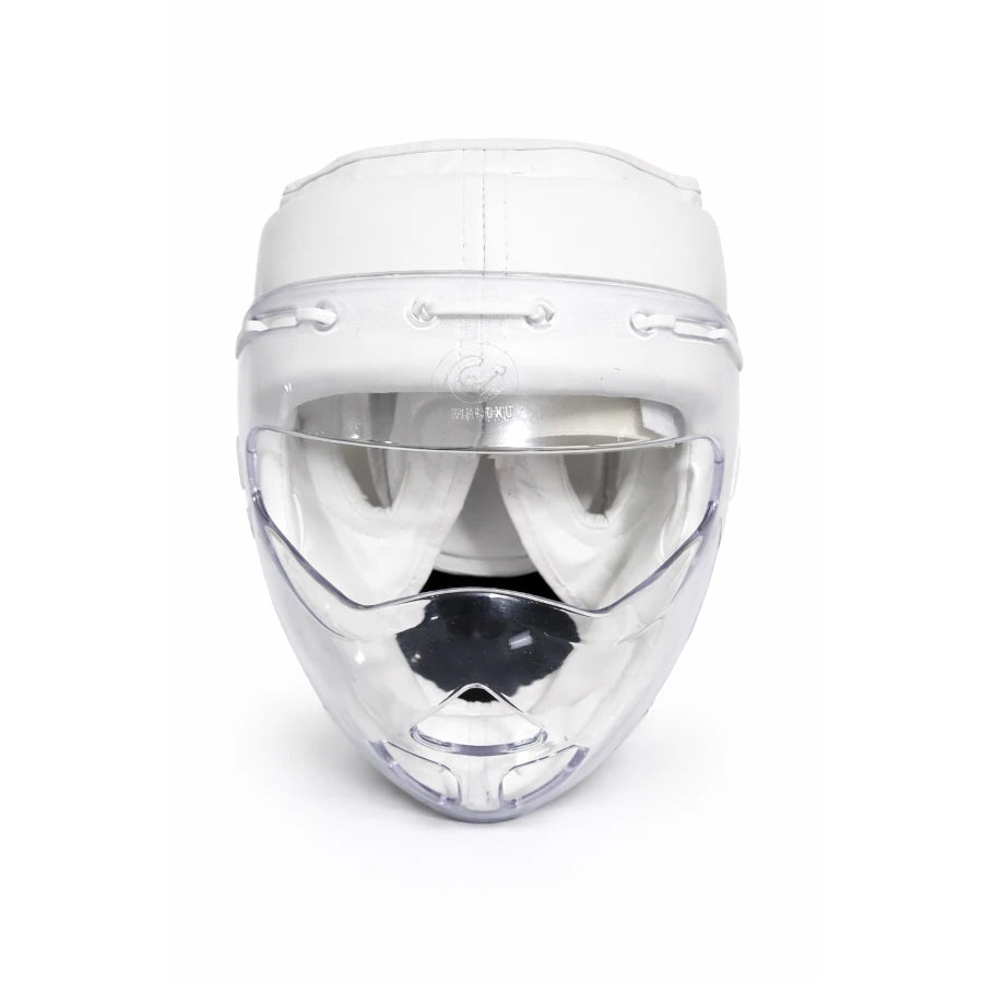 White face shield with a clear grill on a white background
