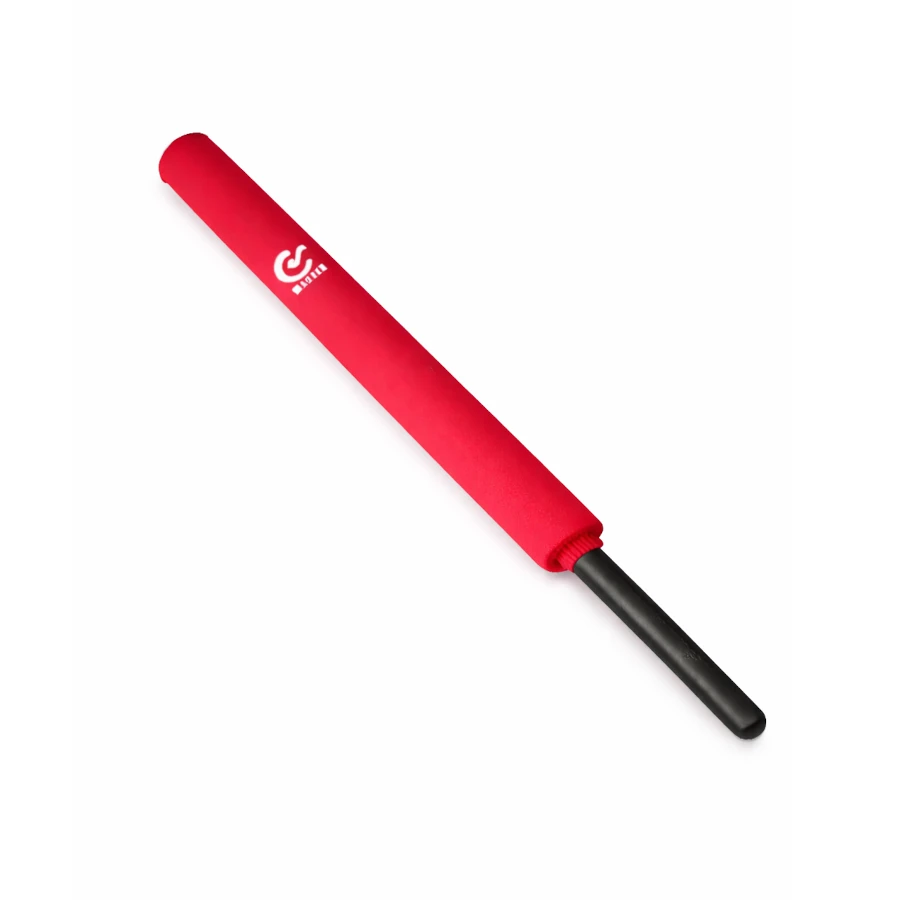 Red foam sword with a black handle on a white background