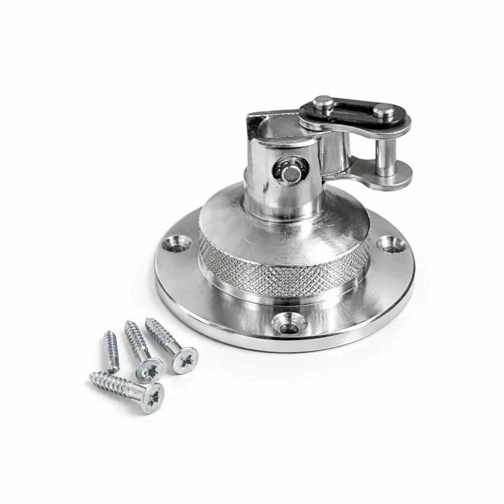 Metal speed bag swivel with screws on a white background