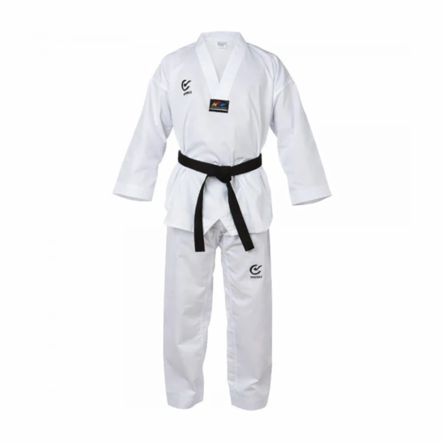 White martial arts uniform with a black belt on a white background