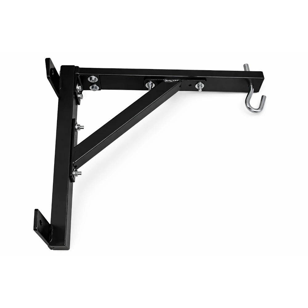 Black metal wall-mounted punching bag bracket on a white background