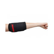 Black elbow pad with red logo on a white background