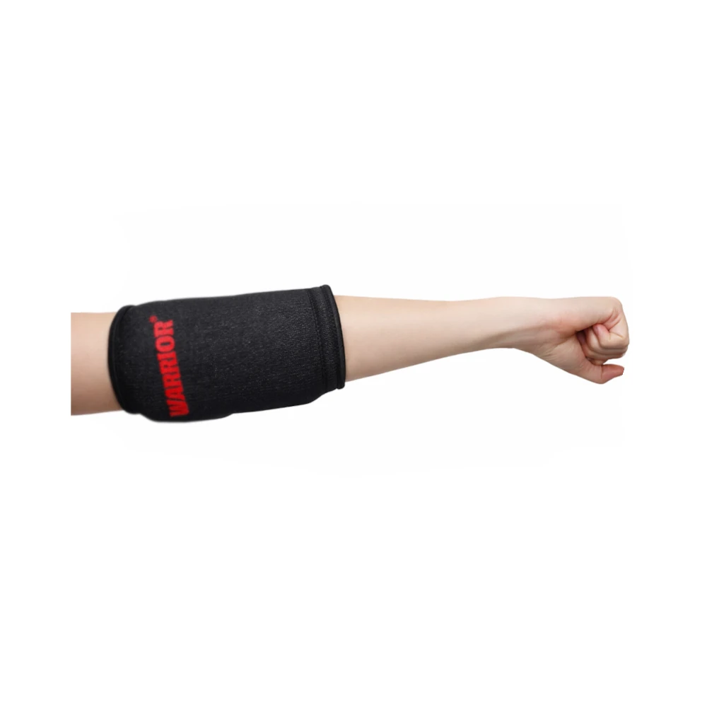 Black elbow pad with red logo on a white background