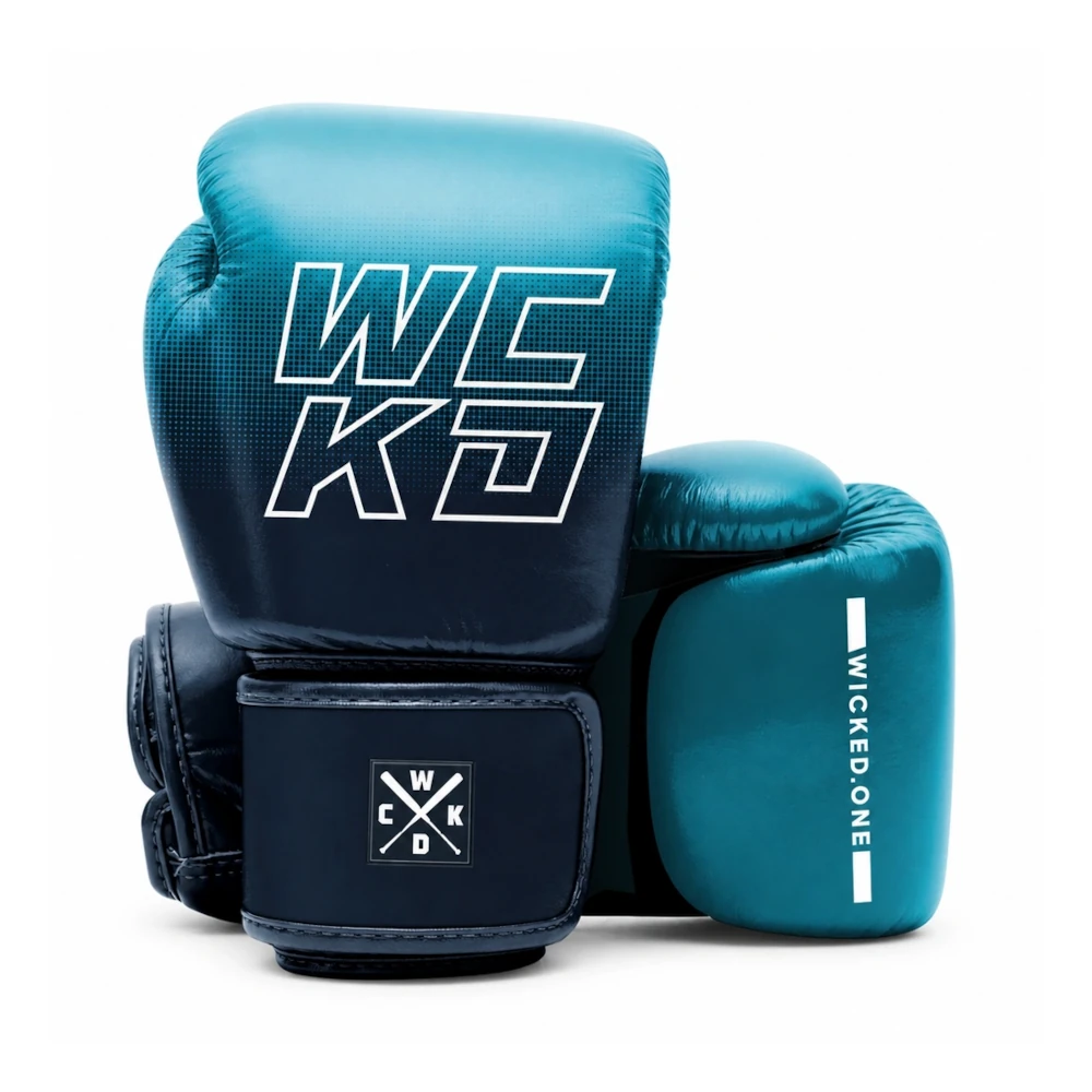 A pair of Wicked One boxing gloves in a dark teal and navy blue gradient, featuring white printed logos on a clean white background.
