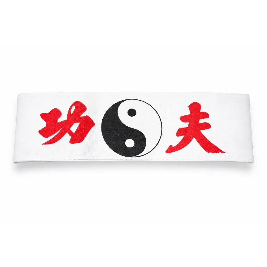 White headband with red Chinese characters and a black and white yin yang symbol on a white background