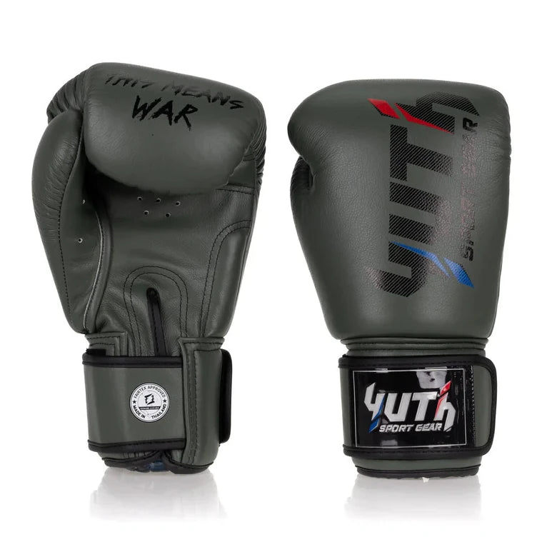 Pair of grey boxing gloves with visible branding on a white background